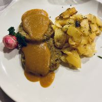 Arrosto vegano di lenticchie con patate (molto buona la salsina)  at Ladin & El Tobià in Vigo Di Fassa
