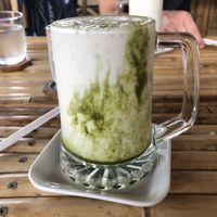 Delicious vegan banana, coconut and green tea shake  at Salween River Restaurant in Mae Hong Son