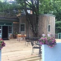 Nice outdoor seating on deck at The Hoot in Northport