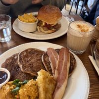American breakfast (front), Hangover Sausage and Egg Burger (back)  at Miranda Cafe in North London