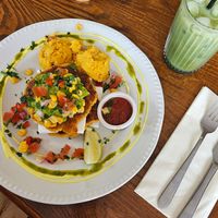 Sweetcorn pancakes + tofu scramble at Miranda Cafe in North London