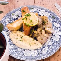 Grilled Artichokes and Turmeric Hummus at Miranda Cafe in North London