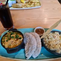 Jackfruit curry, in the back the banana blossom "fish" and chips at Y Not Bar & Grill in Thurso