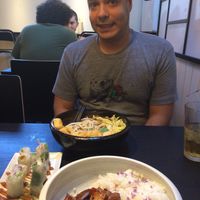 adobo rice bowl, fox udon noodle bowl, and salad rolls/spring rolls  at Jade Rabbit in Portland