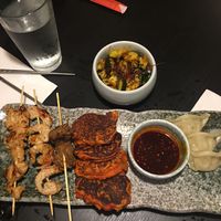 oops we ate some before I grabbed the camera. This was a selection from the starters menu: shrimp, beef and chicken kebabs, dumplings, Ming bean patties, marinated cucumber (delicious!) at Jade Rabbit in Portland