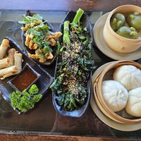 Lumpia, chilli wontons, gailan, jade dumplings, char siu bao   at Jade Rabbit in Portland