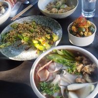 noodle bowl, greens, spicy cucumber, wontons at Jade Rabbit in Portland