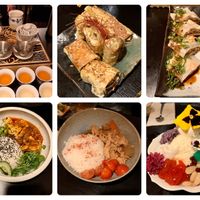 L to R: Gaiwan tea service, appetizer off special list, cheung fun appetizer (my fave), mapo tofu bowl, adobo bowl, dessert! (Note: bowls were split, so pic shows 1/2 portions) at Jade Rabbit in Portland