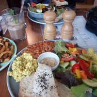 Katerfrühstück and my husband's Beyond Meat Burger  at Katzentempel - Nürnberg in Nuremberg