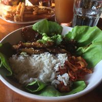 Bulgogi: Seitan with garlic sesame sauce, shiitake mushrooms, coconut rice and kimchi.  at Duino Duende in Burlington