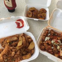 sweet and sour veggie chicken.. fried rice and potaoes with fried banana (plantain) at Rose Garden in Willemstad