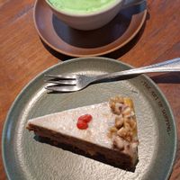 Vegan carrot cake & hot matcha latte with oat milk at Drifter Surf Shop & Cafe in Pecatu