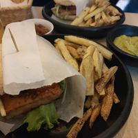 Tofu burger and fries. Also comes with guacamole dip and drink at La Madriguera Consciente in Bogota