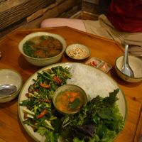 dish with fake meat (very interesting!) and pho at Thien Tra Dao in Hanoi
