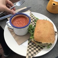 Vegan hummus, courgette and pesto sandwich with vegan tomato and chilli soup  at The Yard Kitchen in Penrith