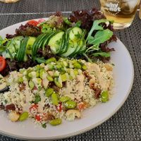 Cous cous, edamame salad with peanut sauce at Veggie Cafe in Albufeira