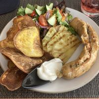 Vegan Portuguese sausage with grilled pineapple .  at Veggie Cafe in Albufeira