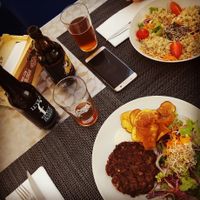 Quinoa Salad and Mushroom and bean burger (without bread) at Veggie Cafe in Albufeira