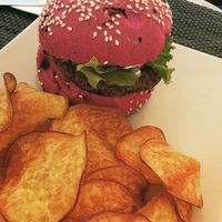 Great mushroom/beans burger with its pink bread at Veggie Cafe in Albufeira