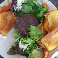 Mushroom burger w/ sweet fried potatoes...  at Veggie Cafe in Albufeira