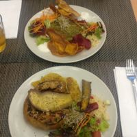 Alheira (front) & Chickpea burger at Veggie Cafe in Albufeira