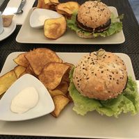 Tempeh burger & mushroom and quinoa burger.  at Veggie Cafe in Albufeira