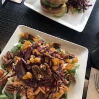 A pecan salad with maple dressing and the GF avocado burger at NESS in Quebec