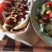 Vienna not dog with side salad at Voodies in Vienna