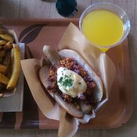 Chilli not dog, fries and brain booster drink at Voodies in Vienna