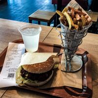 Jackboots Menu - Jack fruit burger, Dutch Fries and Jack Lemon (lemonade/mint) at Voodies in Vienna