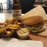 Beer, fries, burger & mustard at Voodies at Voodies in Vienna