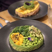 The Vegan Paradise poke bowl (Mango Curry Tango toast in the back) at The Avocado Show - Stalpertstraat in Amsterdam