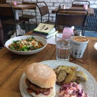Top dish - 'Buddha Bowl'
Bottom Dish - 'Spicy Bean Burger'

Featuring soy latte, books available for browsing and glimpse of interior design. at Humblest of Pleasures in Hebden Bridge