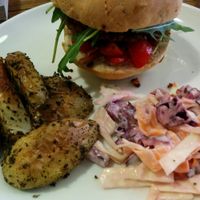 bean burger, herbed wedges and chunky slaw at Humblest of Pleasures in Hebden Bridge