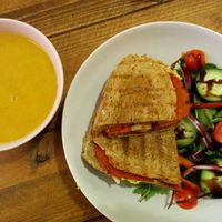 parsnip-carrot soup and grilled pizza sandwich at Humblest of Pleasures in Hebden Bridge