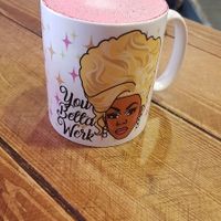 Beetroot latte in my chosen mug at Humblest of Pleasures in Hebden Bridge