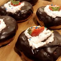Strawberry donut with whipped cream  at Humblest of Pleasures in Hebden Bridge
