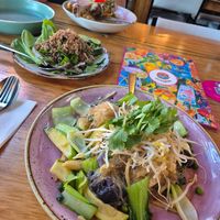 Stir fry vermicelli (front), tofu larb (middle) at Bangpop in Melbourne