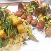 vegan glazed tofu, quinoa, potatoes & salad at A Casa Leca in Ajaccio