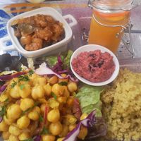 vegan plate with quinoa, chickpea salad, marinated soya chunks, beetroot hummus & gazpacho at A Casa Leca in Ajaccio