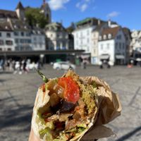 Enjoying my mussaka pita with falafel and spicy sauce  at Za Zaa Barfi - Gerbergasse in Basel