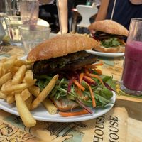 Delicious & filling Mushroom burger and strawberry smoothie  at Scallywags Cafe in Magnetic Island