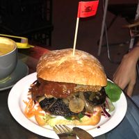 Burger with tempeh mushroom and pineapple  at Scallywags Cafe in Magnetic Island