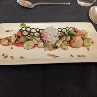 Broad beans on beetroot puree at Casa Albets in Lladurs