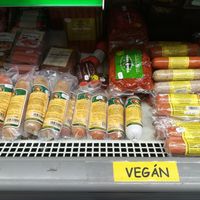 Fridge with some vegan essentials - sausages, salamis, etc. at Bio ABC in Budapest