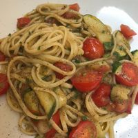 Chefs special pasta with zucchini and eggplant cream (vegan) at Trattoria Di Mirko in Alghero