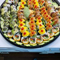 The Vegan Sushi Platter: Katsu Crunch Roll (2), Totally Tofu Roll (2), Vegetable Roll (2), Orange Blossom Roll (2), Mango Punch Roll (2)  at Sushi 2 in San Diego