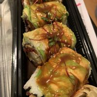 Katsu Crunch Roll (in: tofu katsu, inari, cilantro vinaigrette, gobo carrot & shredded beets. top: avocado, katsu sauce, firecracker sauce & sesame seeds) at Sushi 2 in San Diego