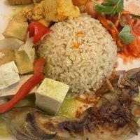 Combo 2 with green curry tofu, lemongrass tofu-seitan, grilled eggplant   at Saigon Lotus in Toronto