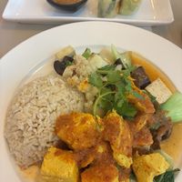No 27- Rice Plate Spicy Lemongrass Tofu-Seitan and Mixed Vegetables with Black Bean Sauce + no 1- Fresh Salad Roll Spicy Lemongrass Tofu-Avocado   at Saigon Lotus in Toronto